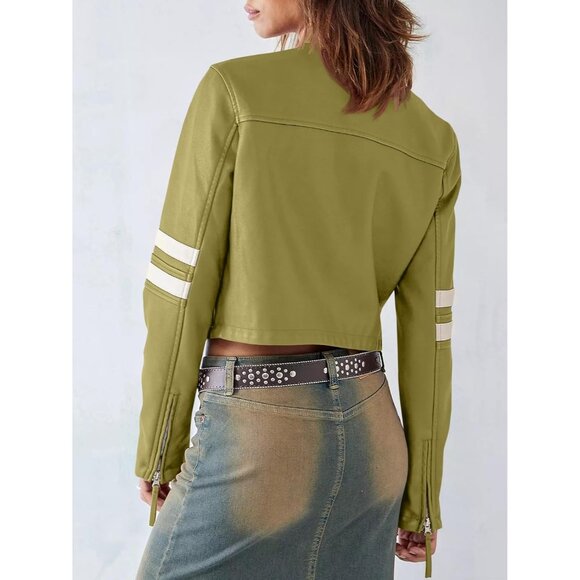 Women Green Faux Leather Zip Up Cropped Jacket Stand Collar Moto Coat - Picture 4 of 5